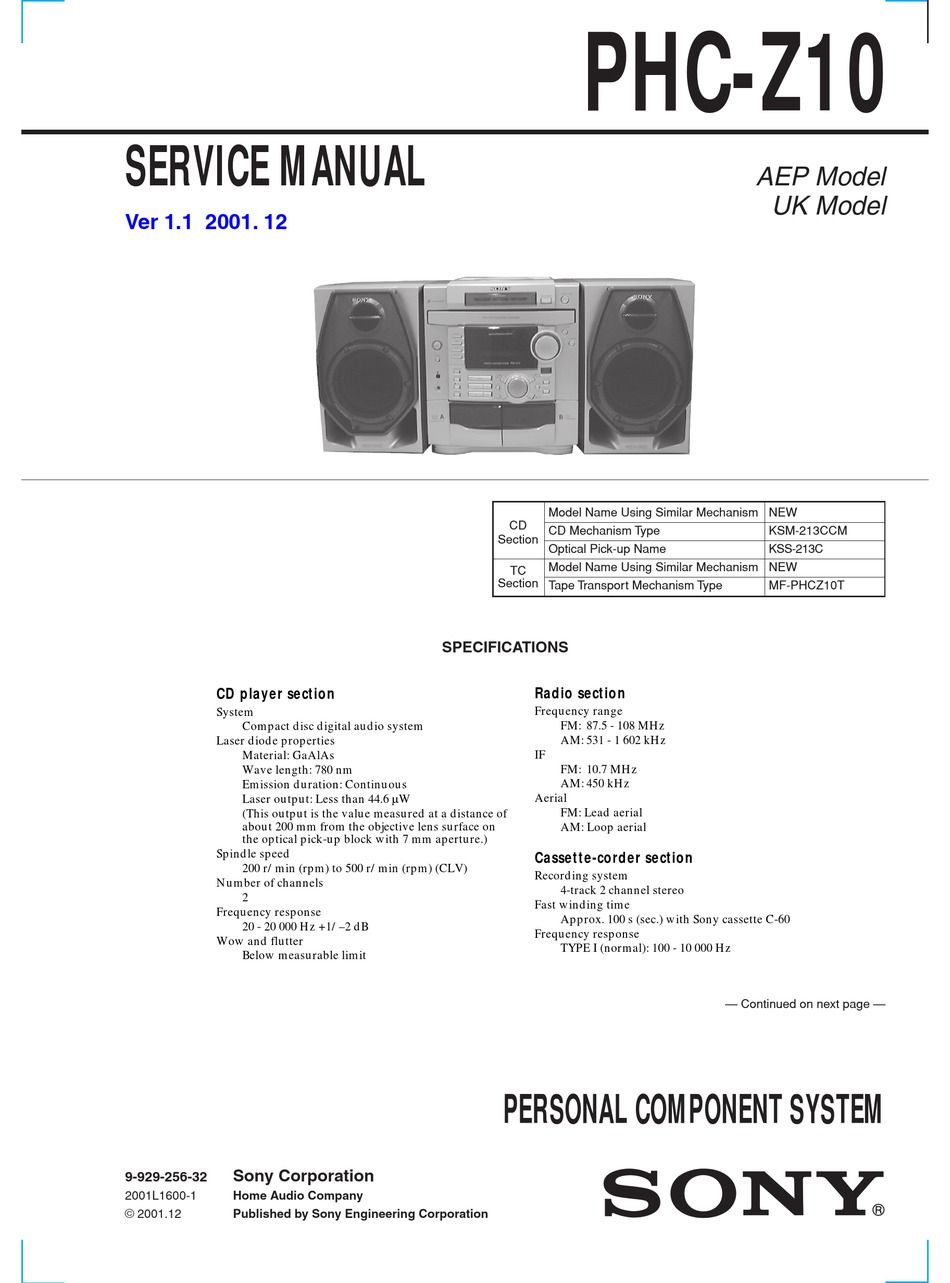 SONY PHC-Z10 SERVICE MANUAL Pdf Download | ManualsLib