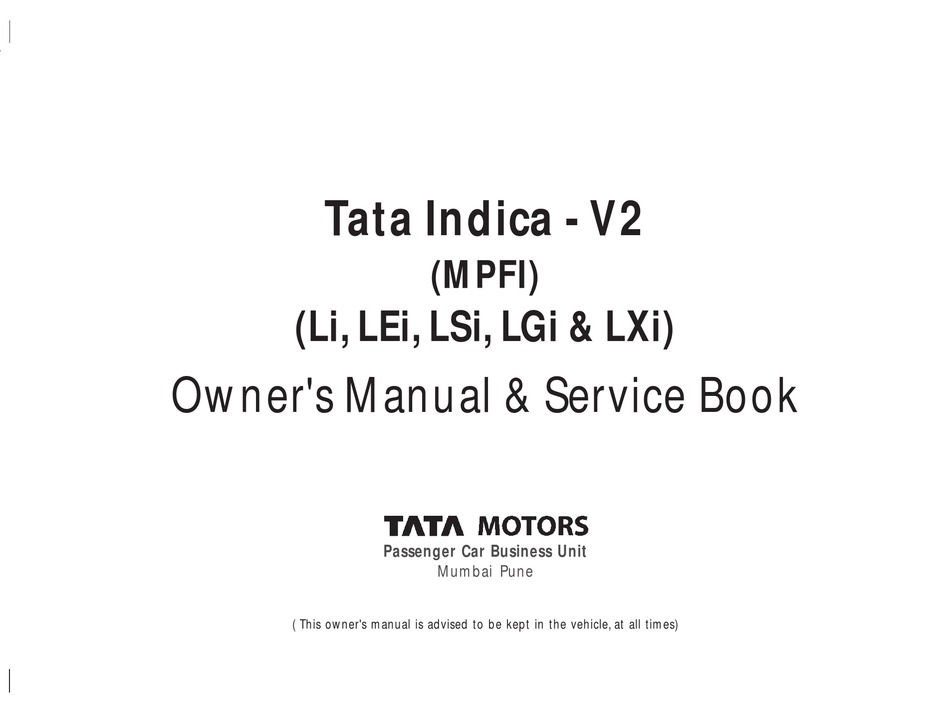 TATA MOTORS INDICA V2 OWNER'S MANUAL & SERVICE BOOK Pdf Download