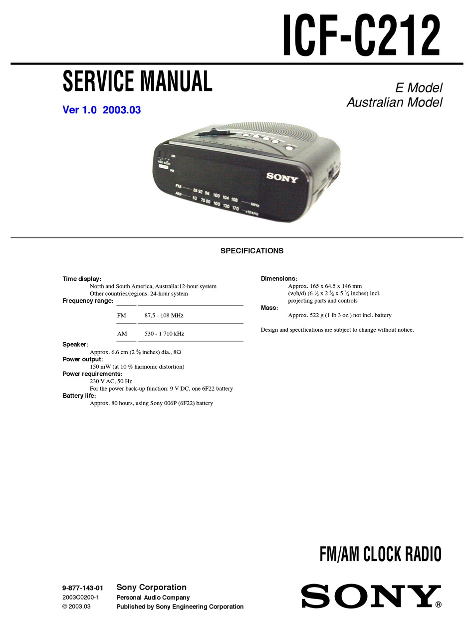Sony Dream Machine AM/FM Clock Radio Model ICF-C212 