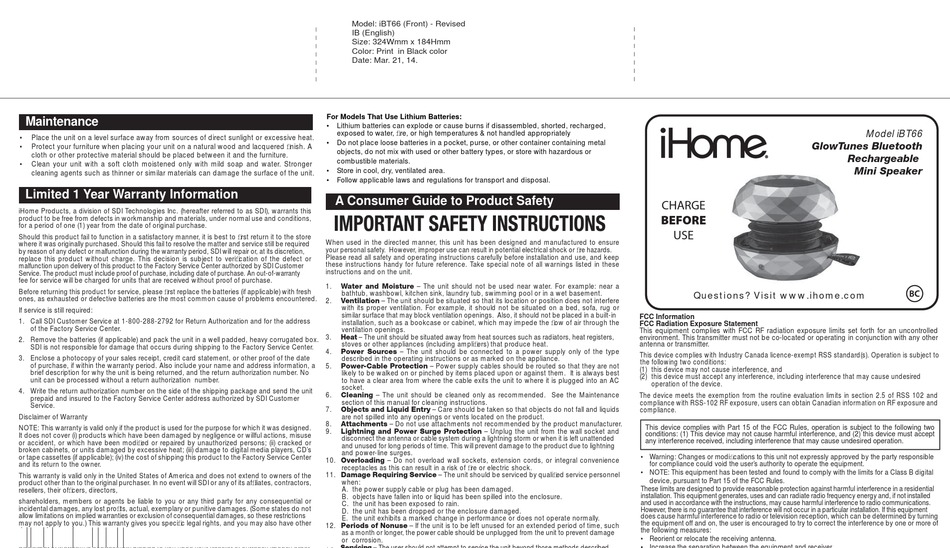 IHOME IBT66 INSTRUCTIONS Pdf Download | ManualsLib