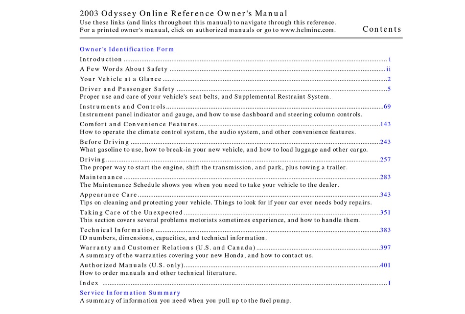 HONDA 2003 ODYSSEY OWNER'S MANUAL Pdf Download | ManualsLib