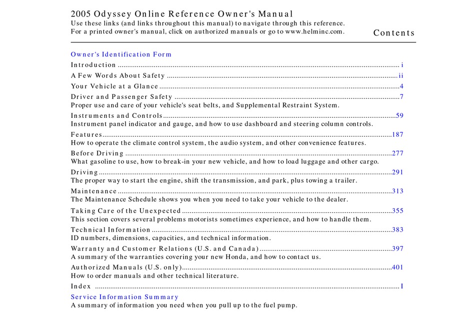 HONDA 2005 ODYSSEY OWNER'S MANUAL Pdf Download | ManualsLib