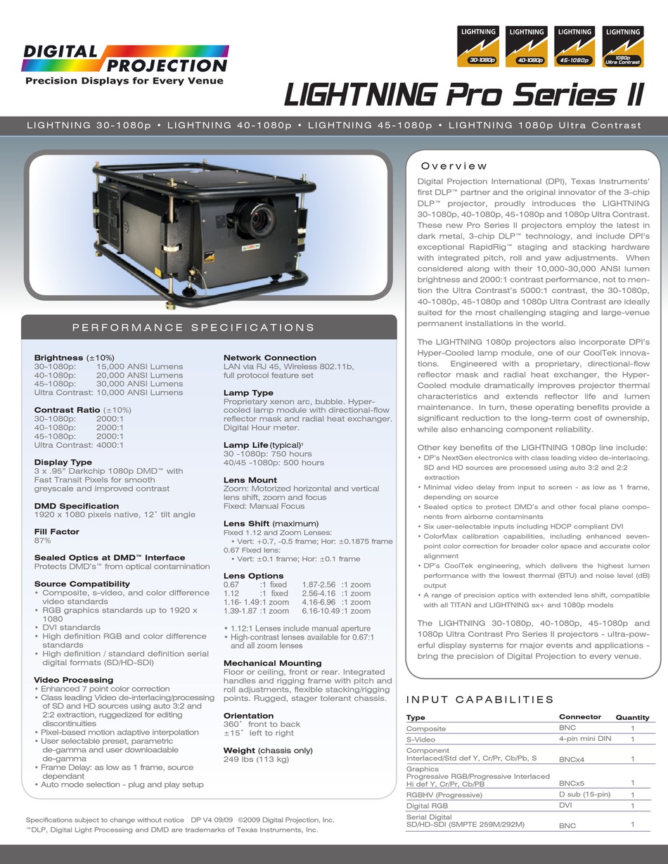 DIGITAL PROJECTION LIGHTNING 301080P SPECIFICATIONS Pdf Download ManualsLib