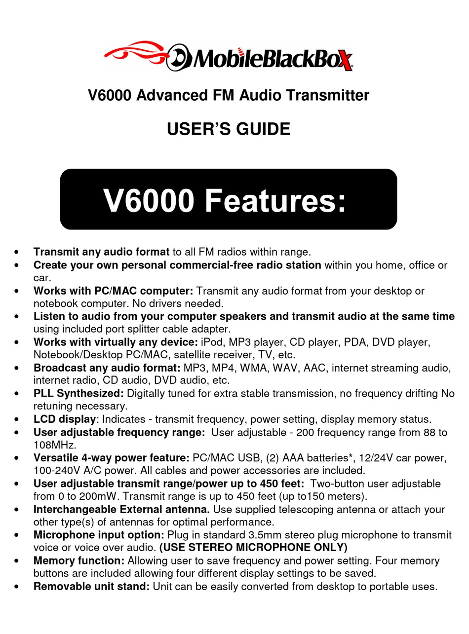 Mobile Black Box V6000 Fm Audio Transmitter 