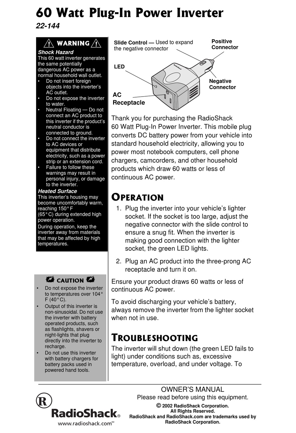 RADIO SHACK 60 WATT PLUGIN POWER INVERTER OWNER'S MANUAL Pdf Download