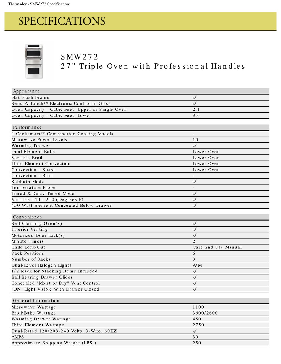 THERMADOR SMW272 SPECIFICATIONS Pdf Download ManualsLib
