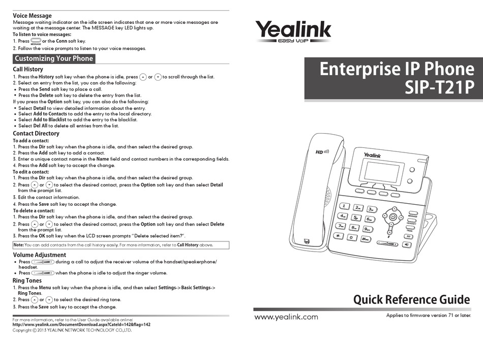 YEALINK SIP-T21P QUICK REFERENCE MANUAL Pdf Download | ManualsLib