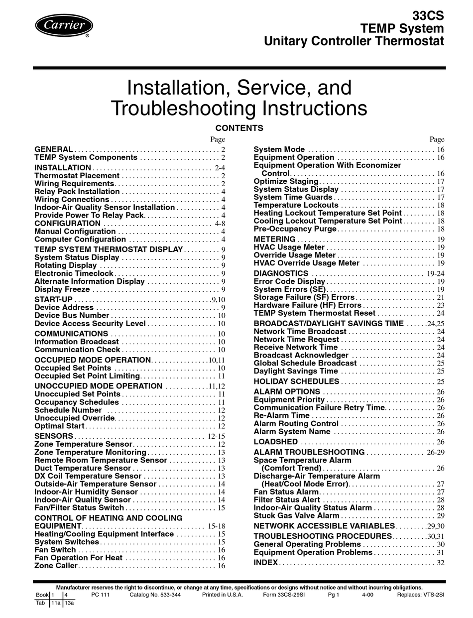 CARRIER 33CS INSTALLATION, SERVICE, AND TROUBLESHOOTING INSTRUCTIONS