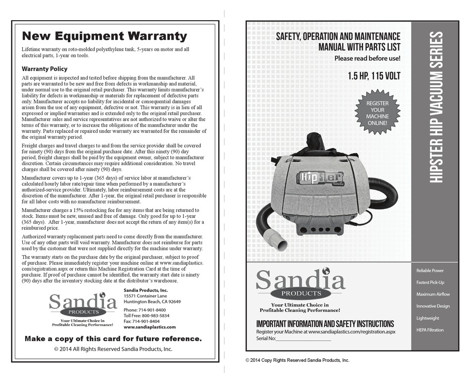 SANDIA PLASTICS HIPSTER HIP VACUUM SERIES SAFETY, OPERATION AND