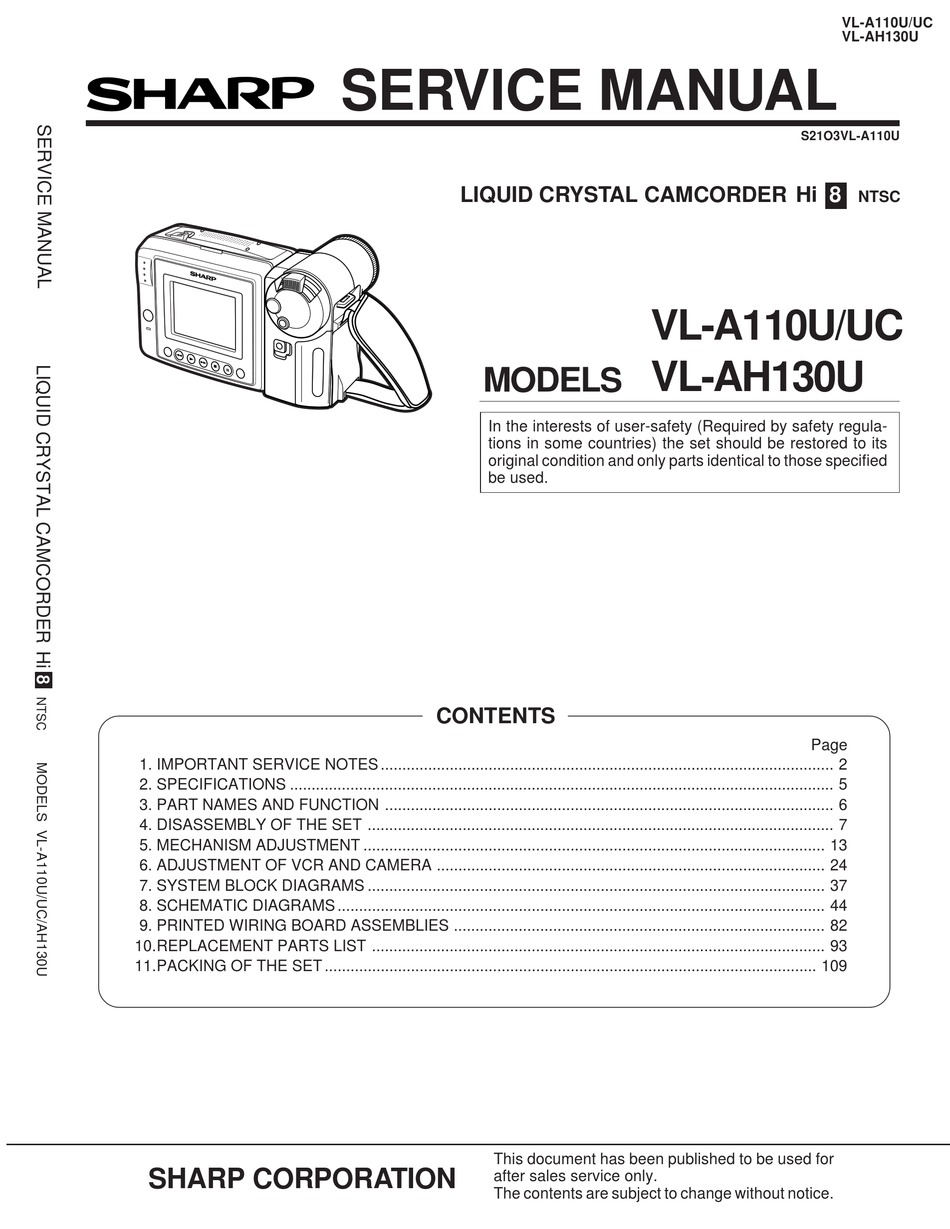 Sharp Vl A110u Service Manual Pdf Download Manualslib