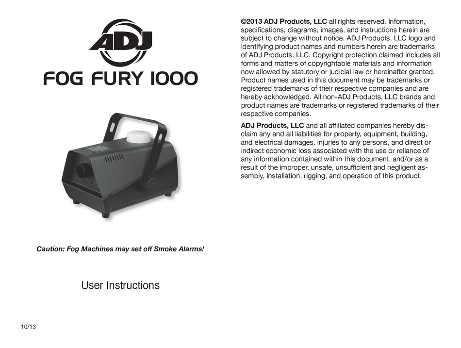 ADJ FOG FURY 1000 USER INSTRUCTIONS Pdf Download ManualsLib