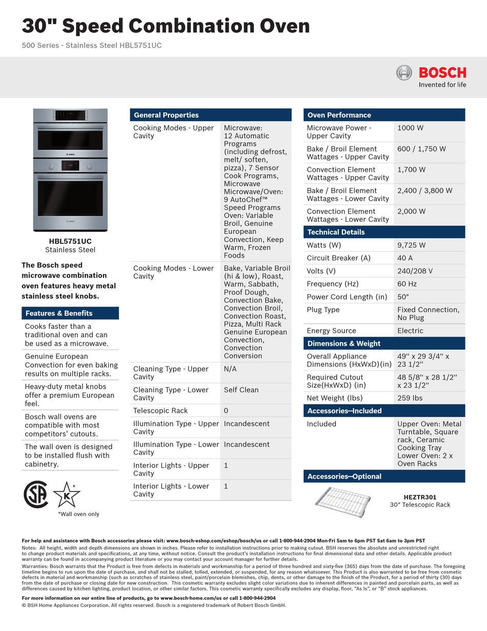 BOSCH HBL5751UC BROCHURE & SPECS Pdf Download ManualsLib