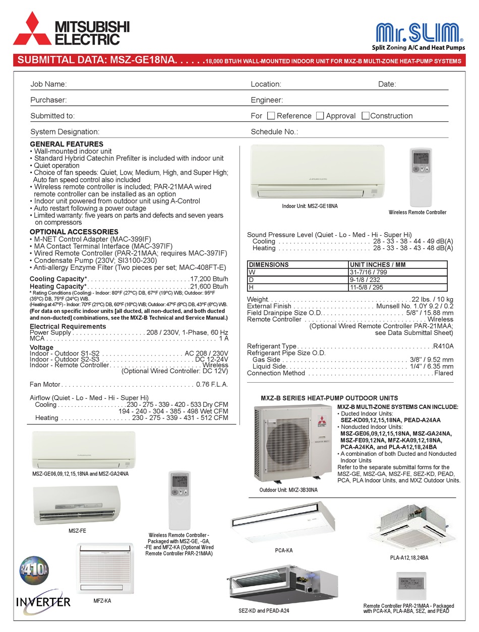 MITSUBISHI ELECTRIC MR. SLIM MSZ-GE18NA SUBMITTAL DATA Pdf Download ...