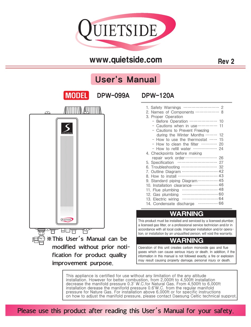 QUIETSIDE DPW099A USER MANUAL Pdf Download ManualsLib
