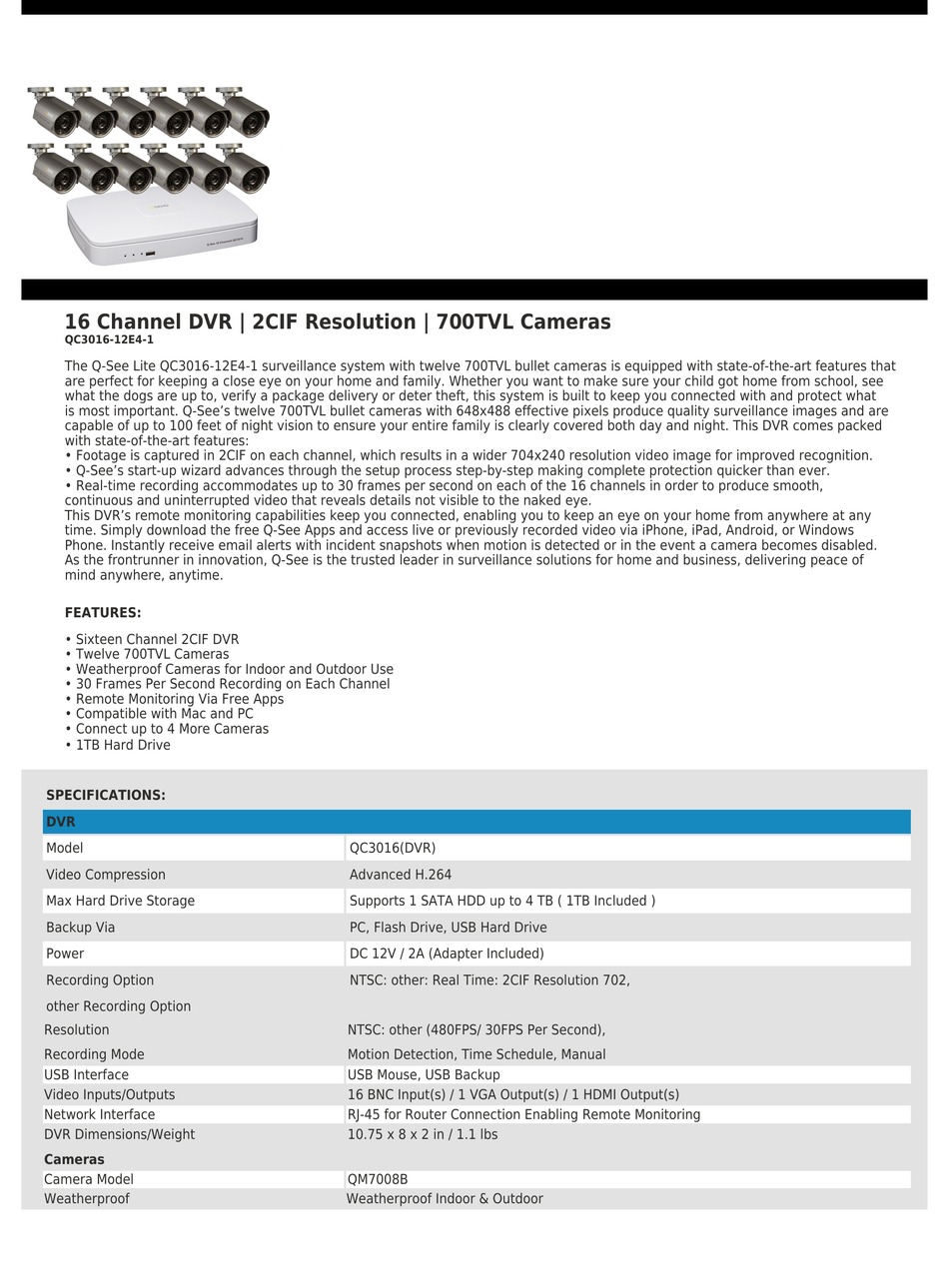 Q-SEE QC3016-12E4-1 SPECIFICATIONS Pdf Download | ManualsLib