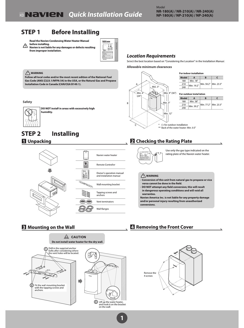 NAVIEN NR-180 QUICK INSTALLATION MANUAL Pdf Download | ManualsLib