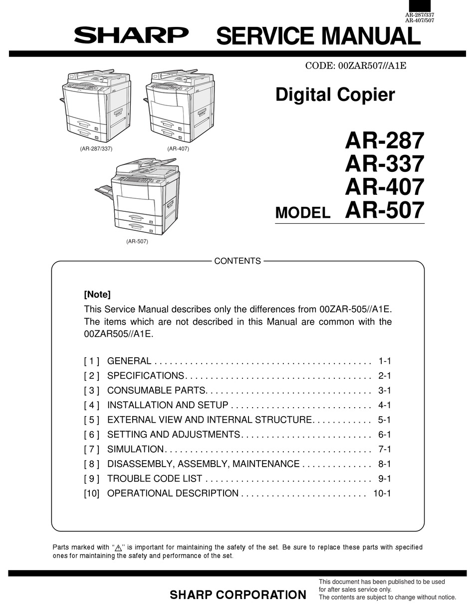 SHARP AR287 SERVICE MANUAL Pdf Download ManualsLib