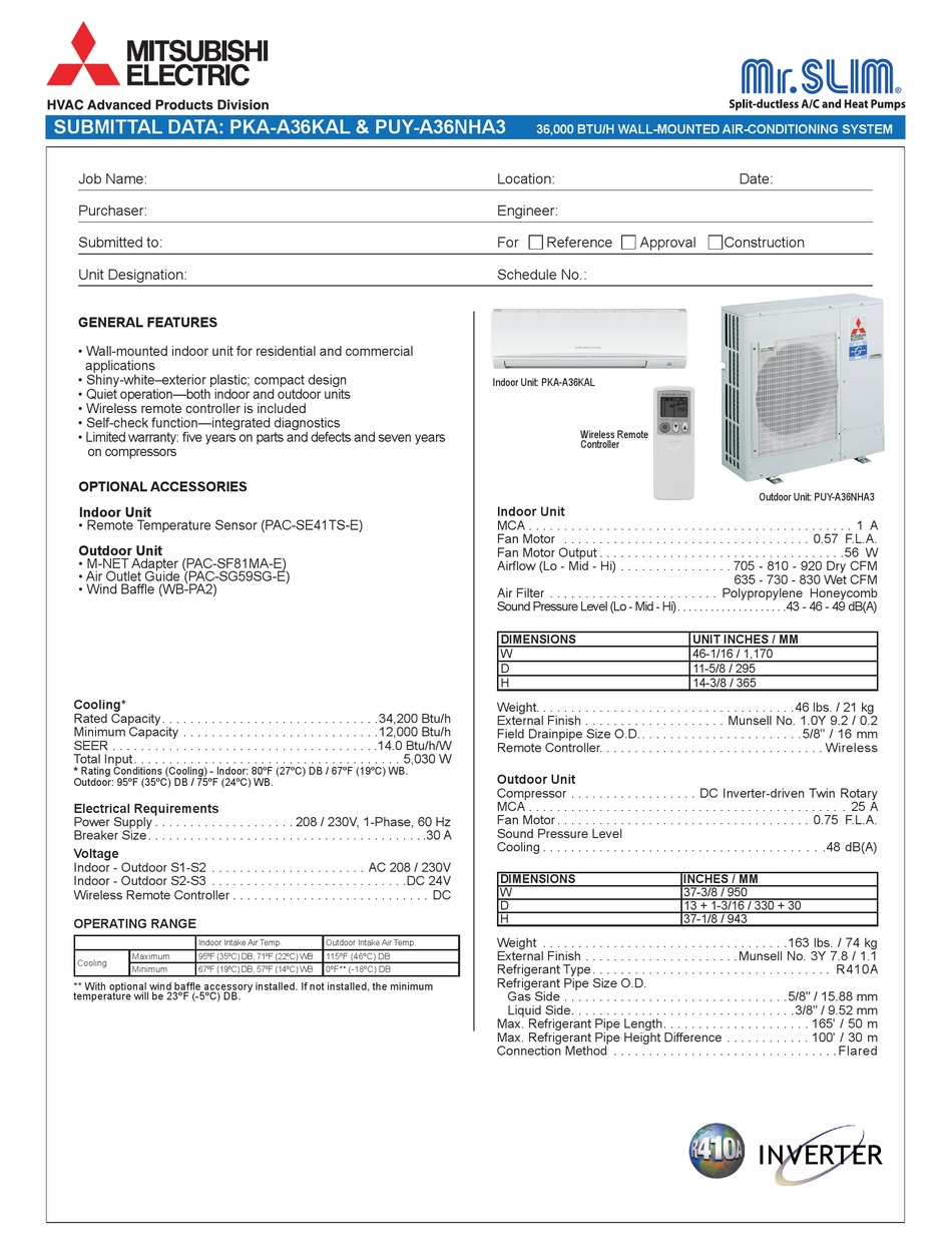 MITSUBISHI ELECTRIC MR.SLIM PKAA36KAL SUBMITTAL DATA Pdf Download