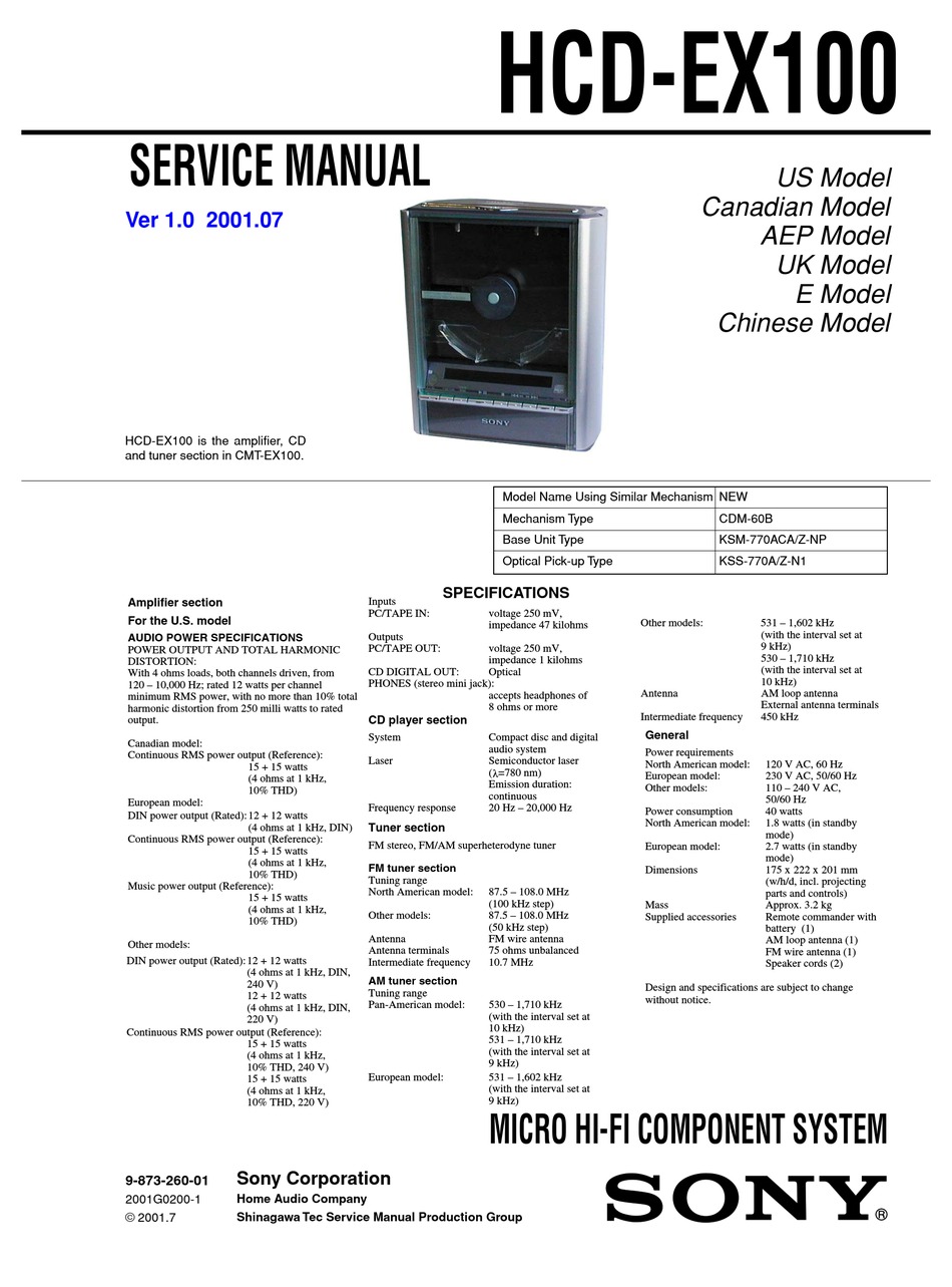 SONY HCD-EX100 SERVICE MANUAL Pdf Download | ManualsLib