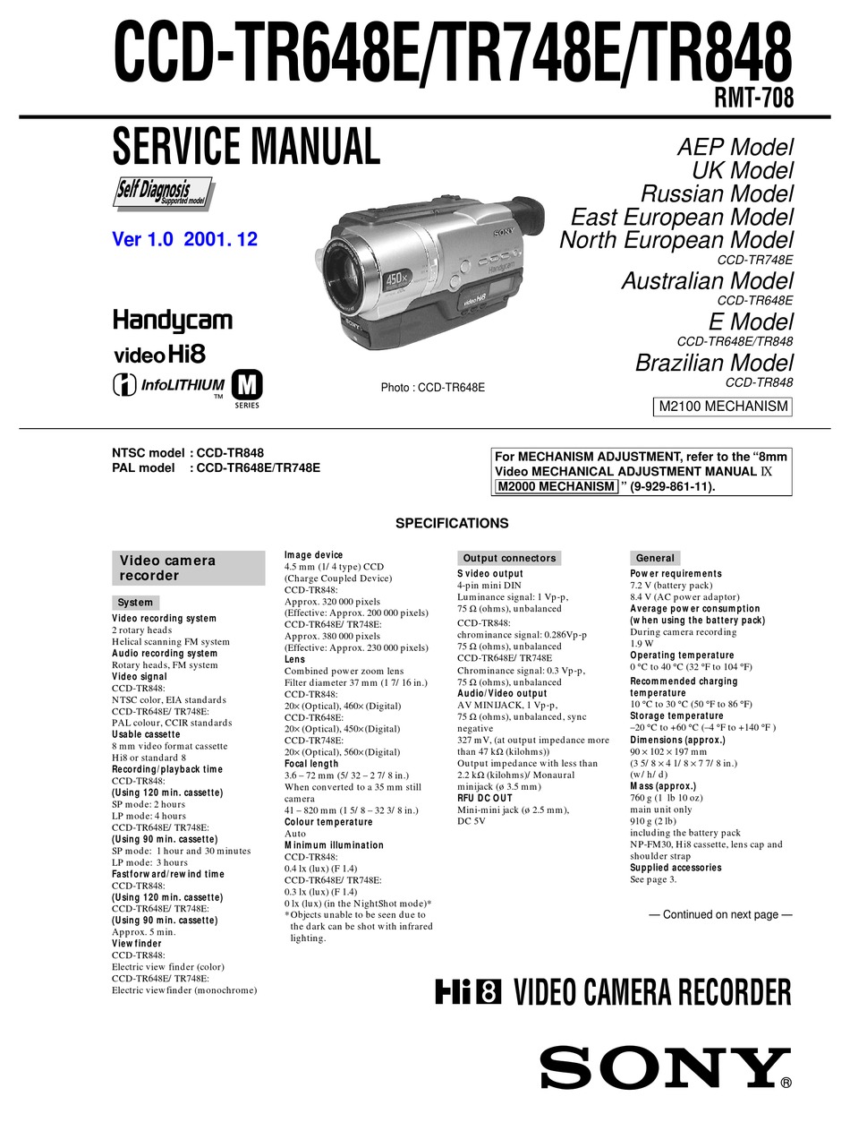 SONY HANDYCAM CCD-TR648E SERVICE MANUAL Pdf Download | ManualsLib