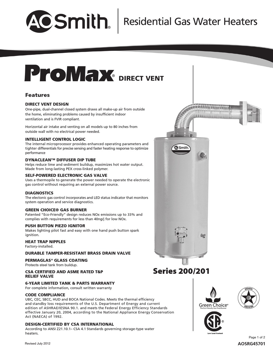 A.O. SMITH PROMAX GDV40 FEATURES Pdf Download ManualsLib