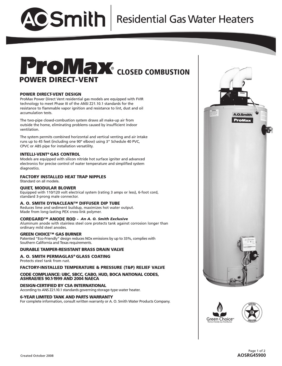 A.O. SMITH PROMAX GPD-40 SPECIFICATIONS Pdf Download | ManualsLib