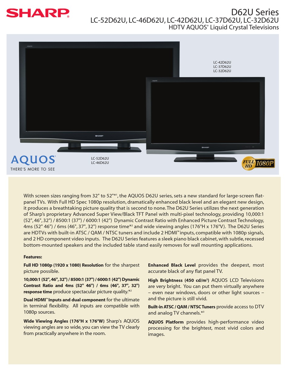 SHARP LC-52D62U SPECIFICATIONS Pdf Download | ManualsLib