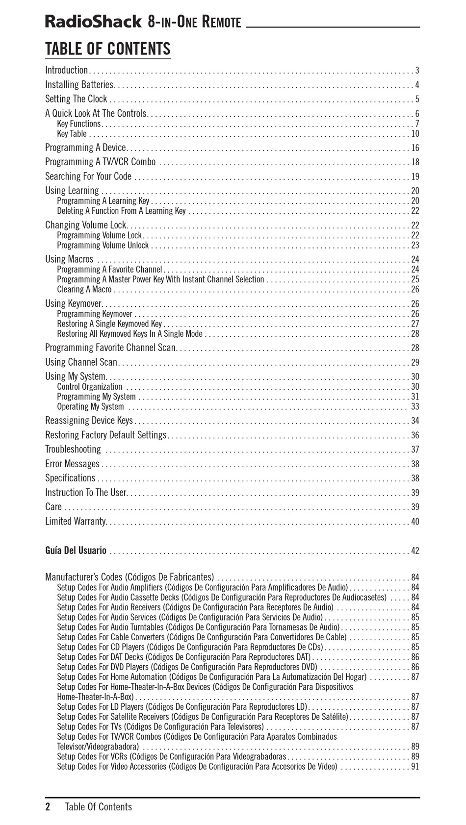 RADIO SHACK 8INONE REMOTE USER MANUAL Pdf Download ManualsLib