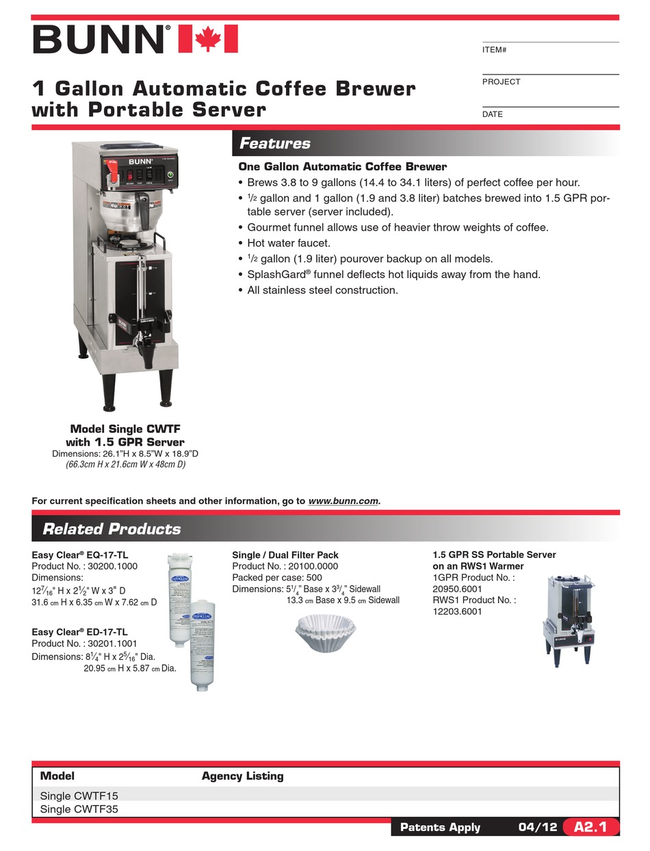 BUNN SINGLE CWTF15 SPECIFICATIONS Pdf Download ManualsLib