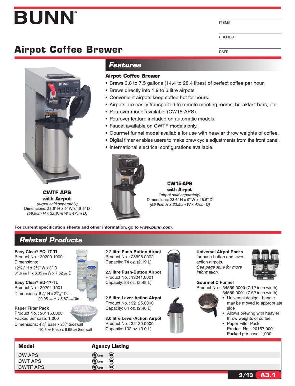 BUNN CWTF APS SPECIFICATIONS Pdf Download ManualsLib