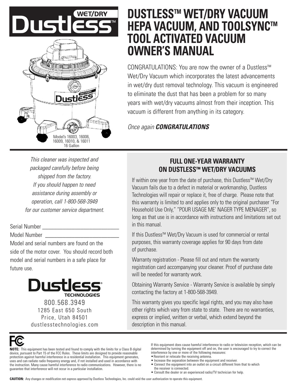 DUSTLESS WET/DRY VACUUM OWNER'S MANUAL Pdf Download ManualsLib