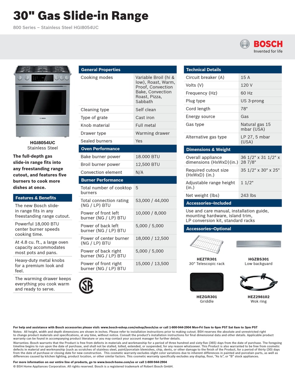 BOSCH HGI8054UC SPECIFICATIONS Pdf Download ManualsLib