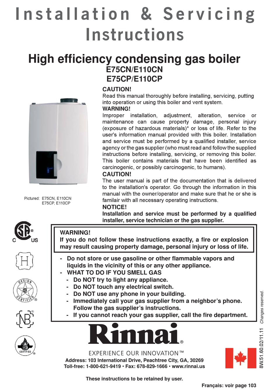 RINNAI E75CN INSTALLATION & SERVICING INSTRUCTIONS MANUAL Pdf Download