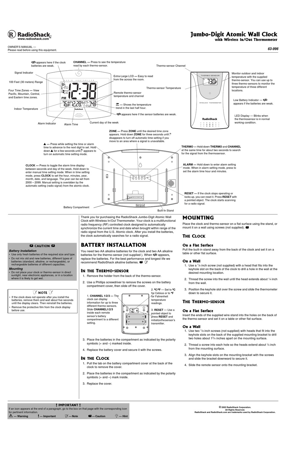RADIO SHACK JUMBODIGIT ATOMIC WALL CLOCK OWNER'S MANUAL Pdf Download