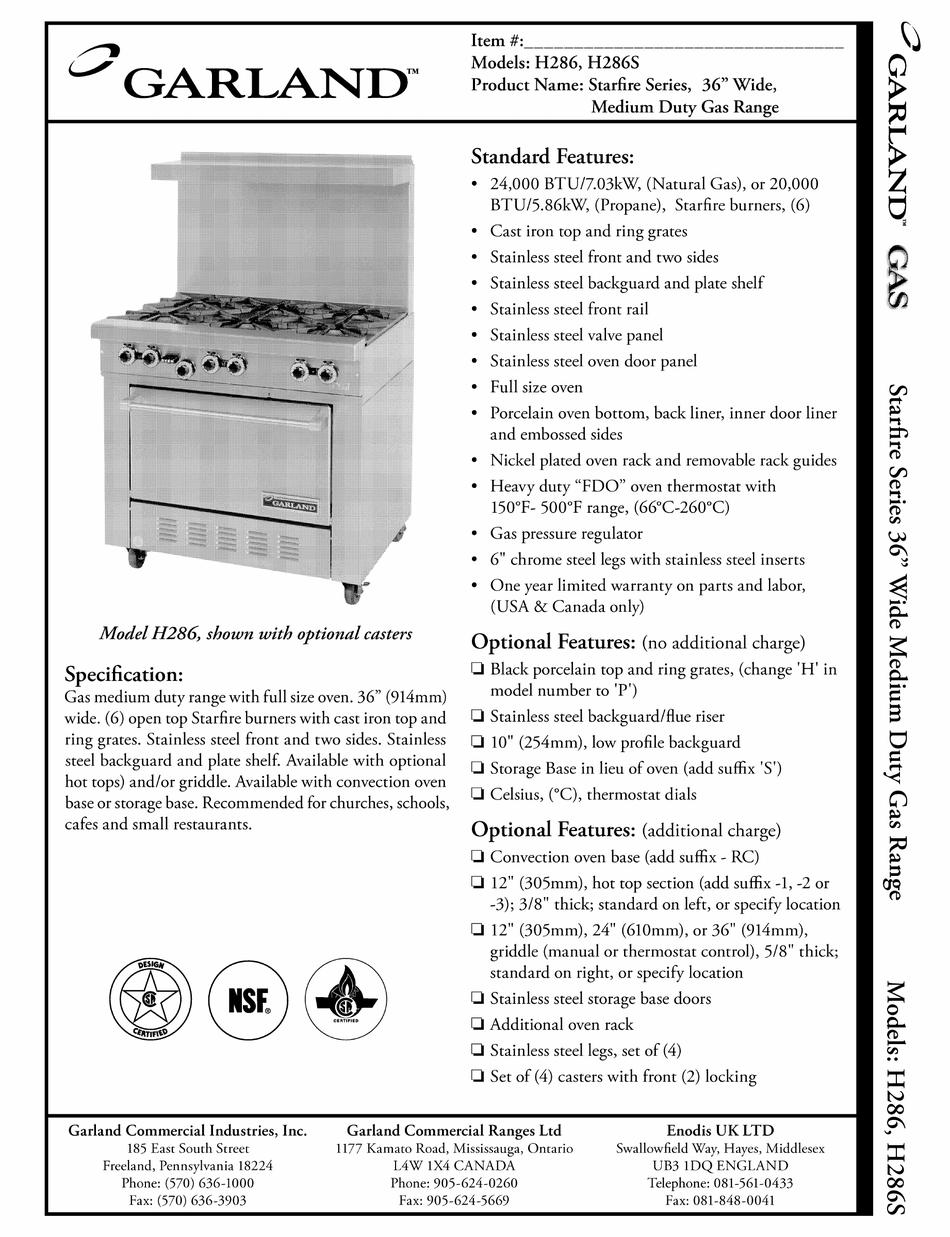 Garland Starfire H286 Specification Pdf Download Manualslib