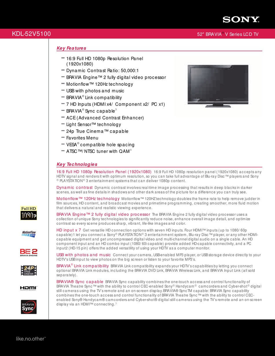 SONY KDL-52V5100 FEATURES & SPECIFICATIONS Pdf Download | ManualsLib