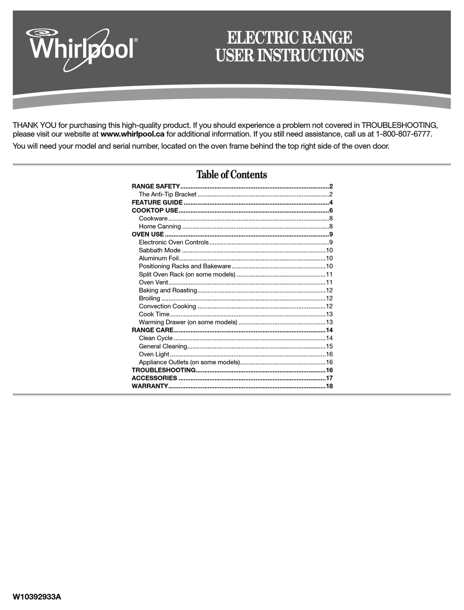 WHIRLPOOL ELECTRIC RANGE USER INSTRUCTIONS Pdf Download ManualsLib