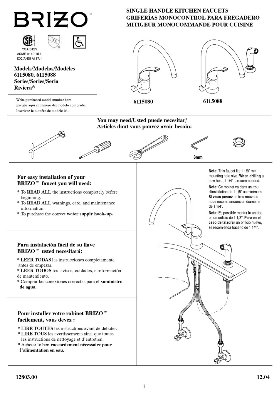 Brizo Riviera 6115080 User Manual Pdf Download Manualslib