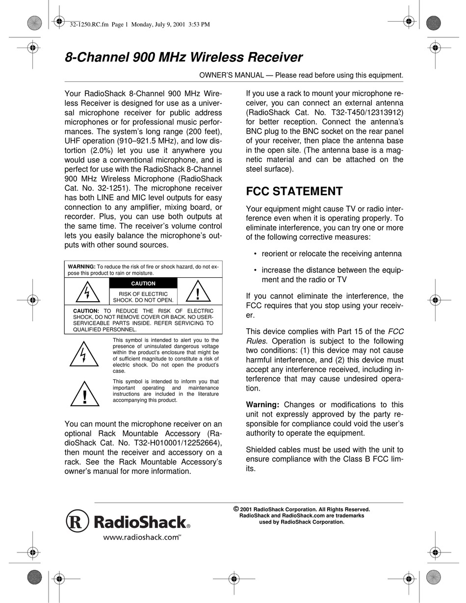 RADIO SHACK 8 CHANNEL 900 MHZ WIRELESS RECEIVER OWNER S MANUAL Pdf