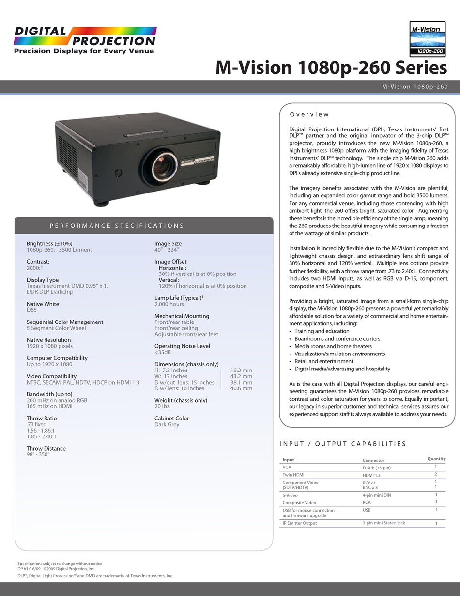 DIGITAL PROJECTION MVISION 1080P260 SERIES SPECIFICATIONS Pdf