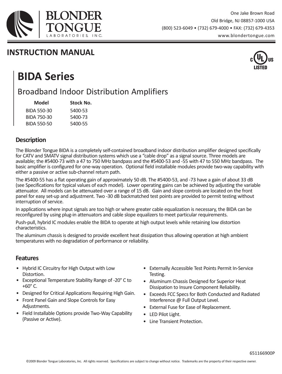 BLONDER TONGUE BIDA 550-30 INSTRUCTION MANUAL Pdf Download