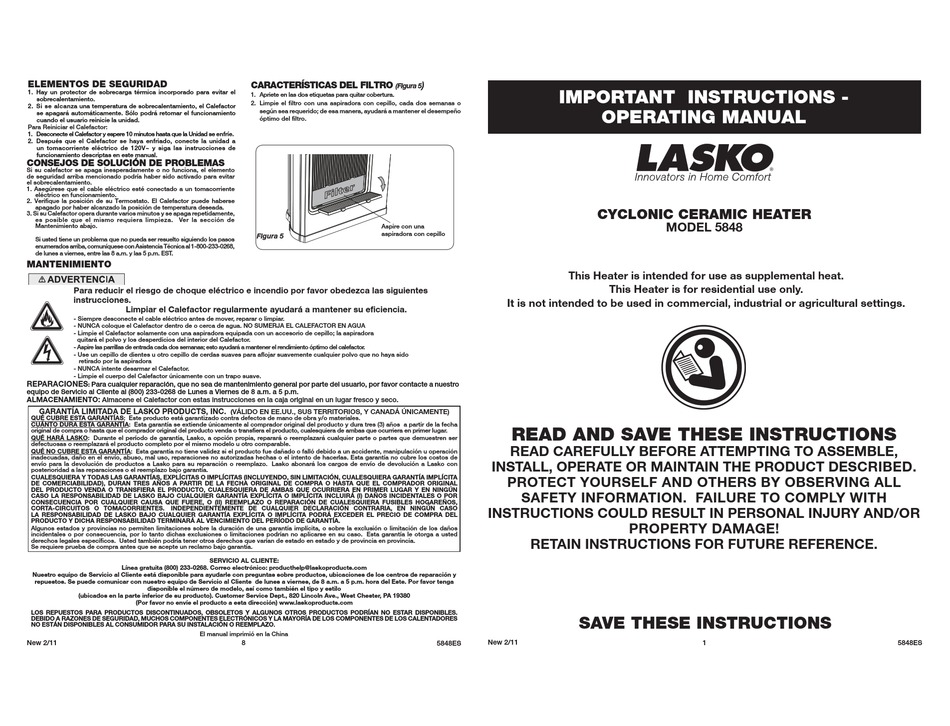 LASKO 5848 IMPORTANT INSTRUCTIONS & OPERATING MANUAL Pdf Download