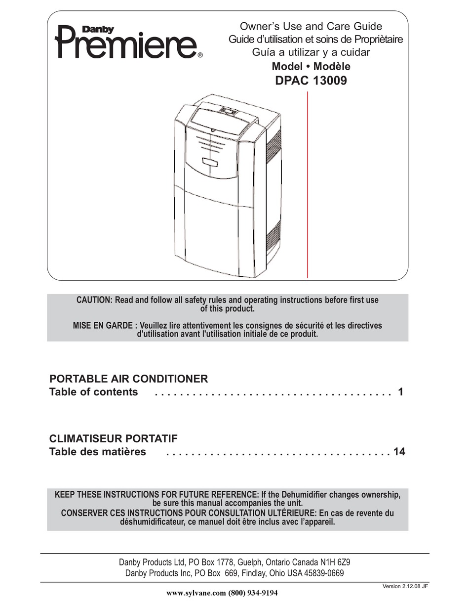 DANBY PREMIERE DPAC OWNER'S USE AND CARE MANUAL Pdf Download ManualsLib