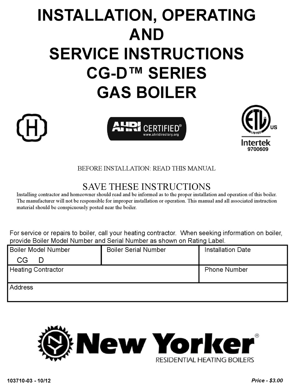 NEW YORKER CG20D INSTALLATION, OPERATING AND SERVICE INSTRUCTIONS Pdf