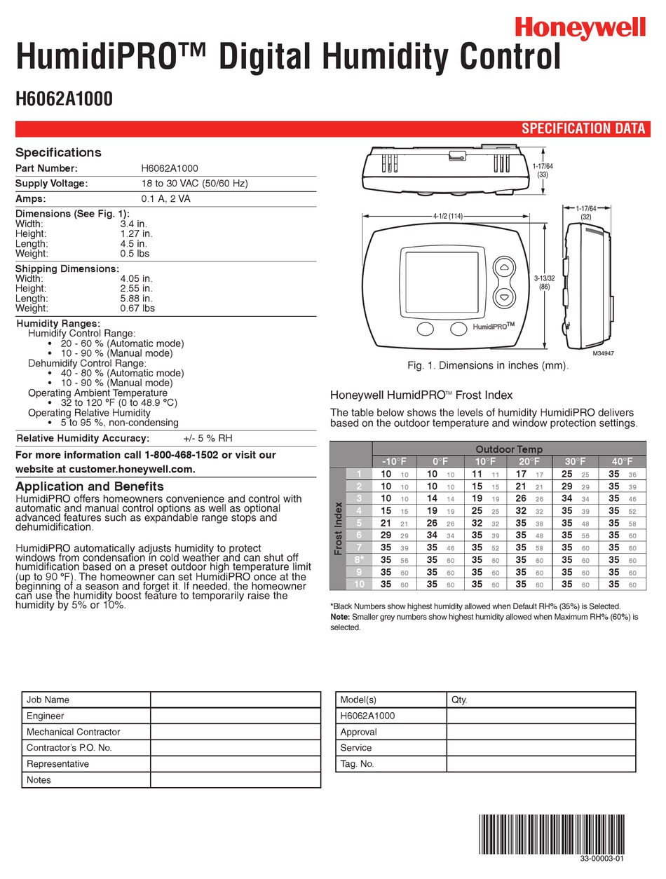 Honeywell H6062A1000 - Humidipro Digital Humidity Control