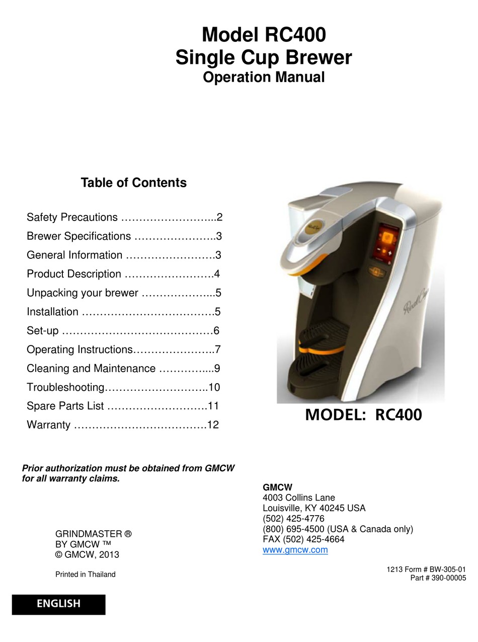 GRINDMASTER RC400 OPERATION MANUAL Pdf Download ManualsLib