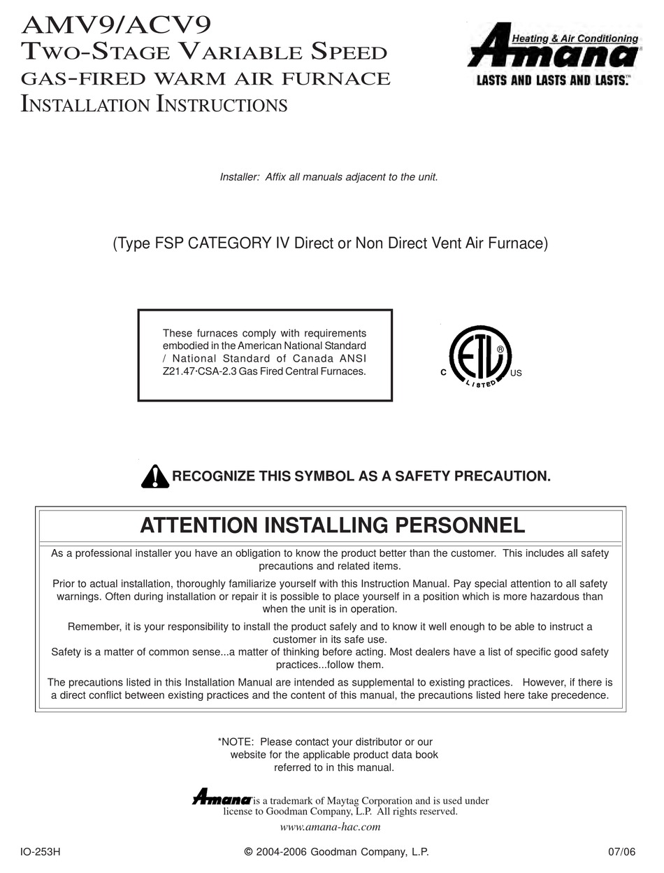 AMANA AMV9 INSTALLATION INSTRUCTIONS MANUAL Pdf Download | ManualsLib