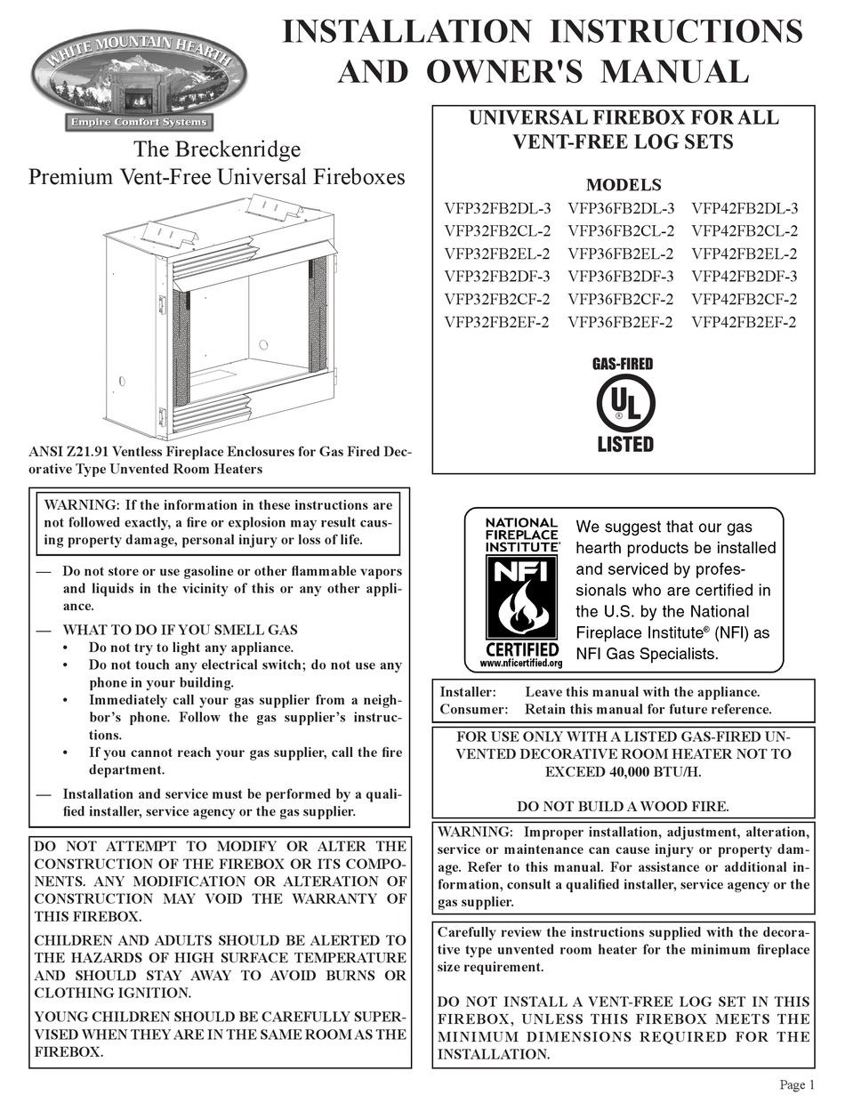 EMPIRE COMFORT SYSTEMS VFP32FB2DL3 INSTALLATION INSTRUCTIONS AND OWNER