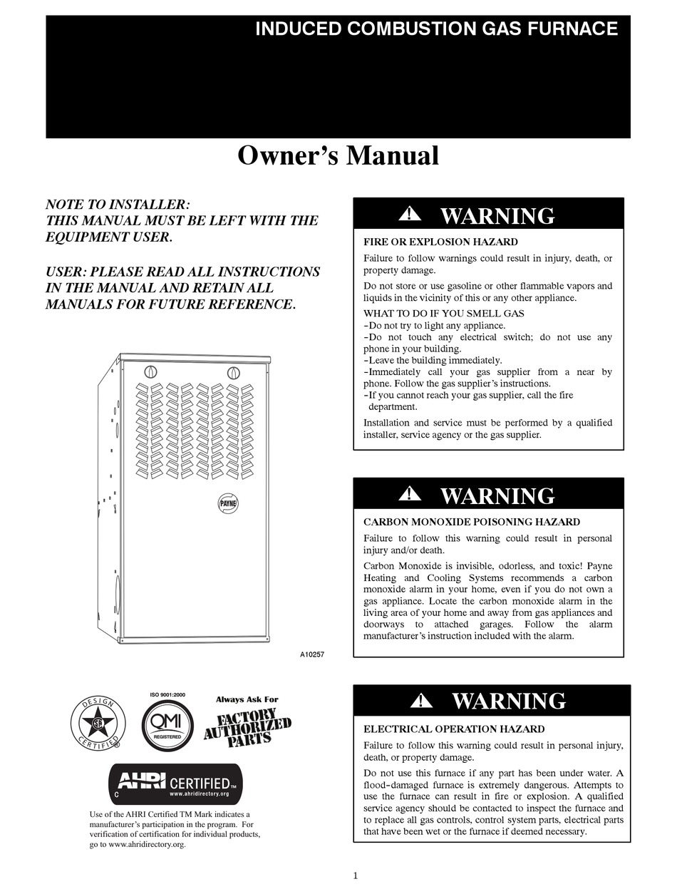 PAYNE GAS FURNACE OWNER'S MANUAL Pdf Download ManualsLib