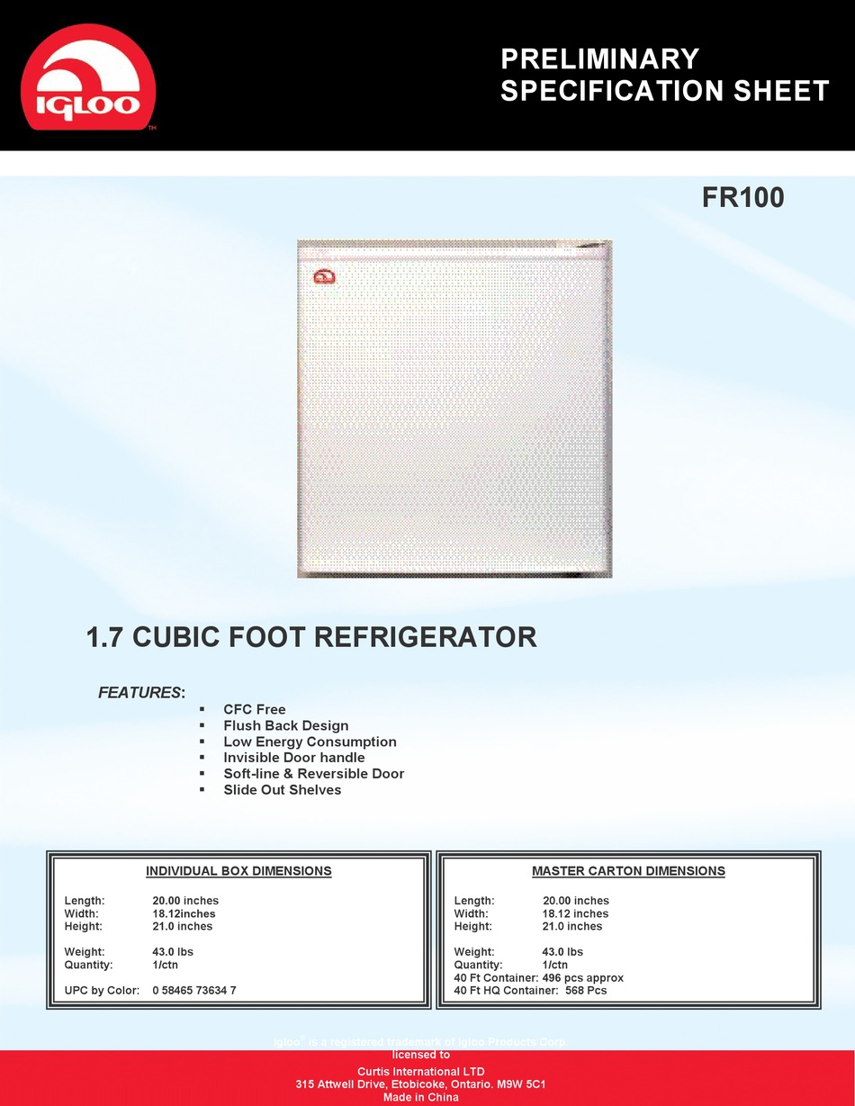 IGLOO FR100 SPECIFICATION SHEET Pdf Download ManualsLib